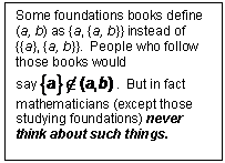 Text Box: Some foundations books define (a, b) as {a, {a, b}} instead of {{a}, {a, b}}.  People who follow those books would say .  But in fact mathematicians (except those study¬ing foundations) never think about such things.

