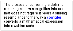 Text Box: The process of converting a definition requiring pattern recognition into one that does not require it bears a striking resemblance to the way a compiler converts a mathematical expression into machine code. 


